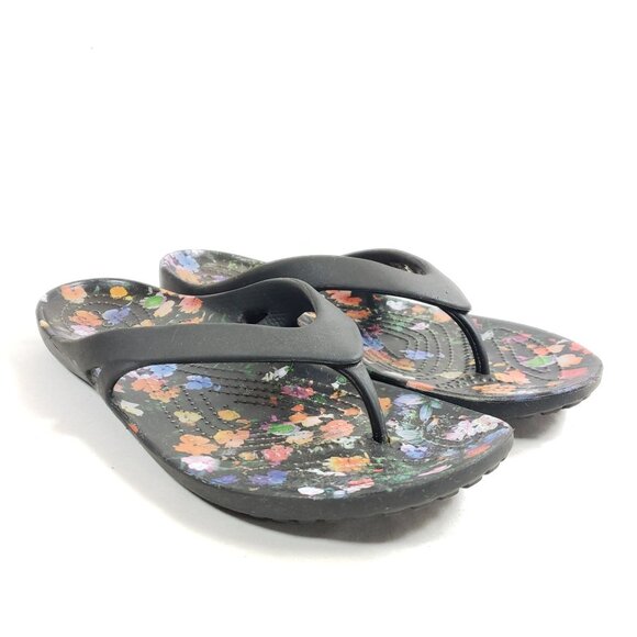 Crocs Womens Size 9 Floral Print Black Flip-Flops - Picture 1 of 8